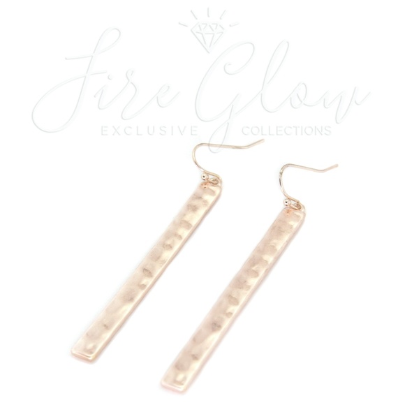 Rose Gold Tone Long Bar Hammered Metal Earrings - Picture 5 of 8